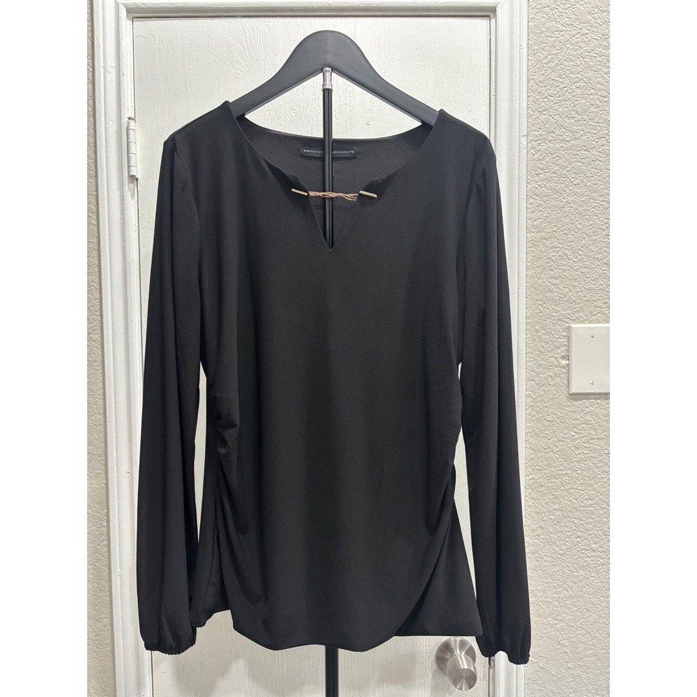White House Black Market Black Blouse Gold Chain Neck Ruched Top Large L